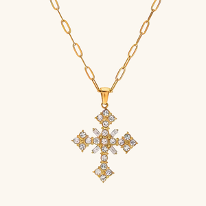 18k Gold-Plated Crystal Cross Necklace with Paperclip Chain – Waterproof, Hypoallergenic Jewelry for Women