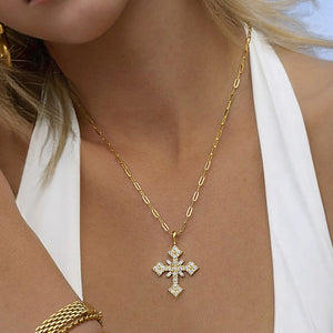 18k Gold-Plated Crystal Cross Necklace with Paperclip Chain – Waterproof, Hypoallergenic Jewelry for Women