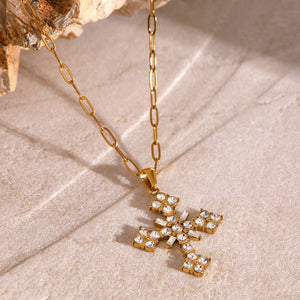 18k Gold-Plated Crystal Cross Necklace with Paperclip Chain – Waterproof, Hypoallergenic Jewelry for Women