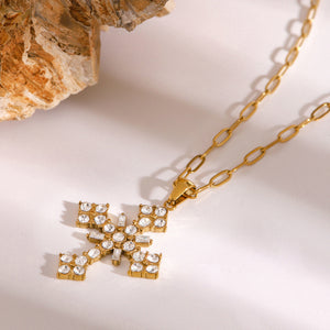 18k Gold-Plated Crystal Cross Necklace with Paperclip Chain – Waterproof, Hypoallergenic Jewelry for Women