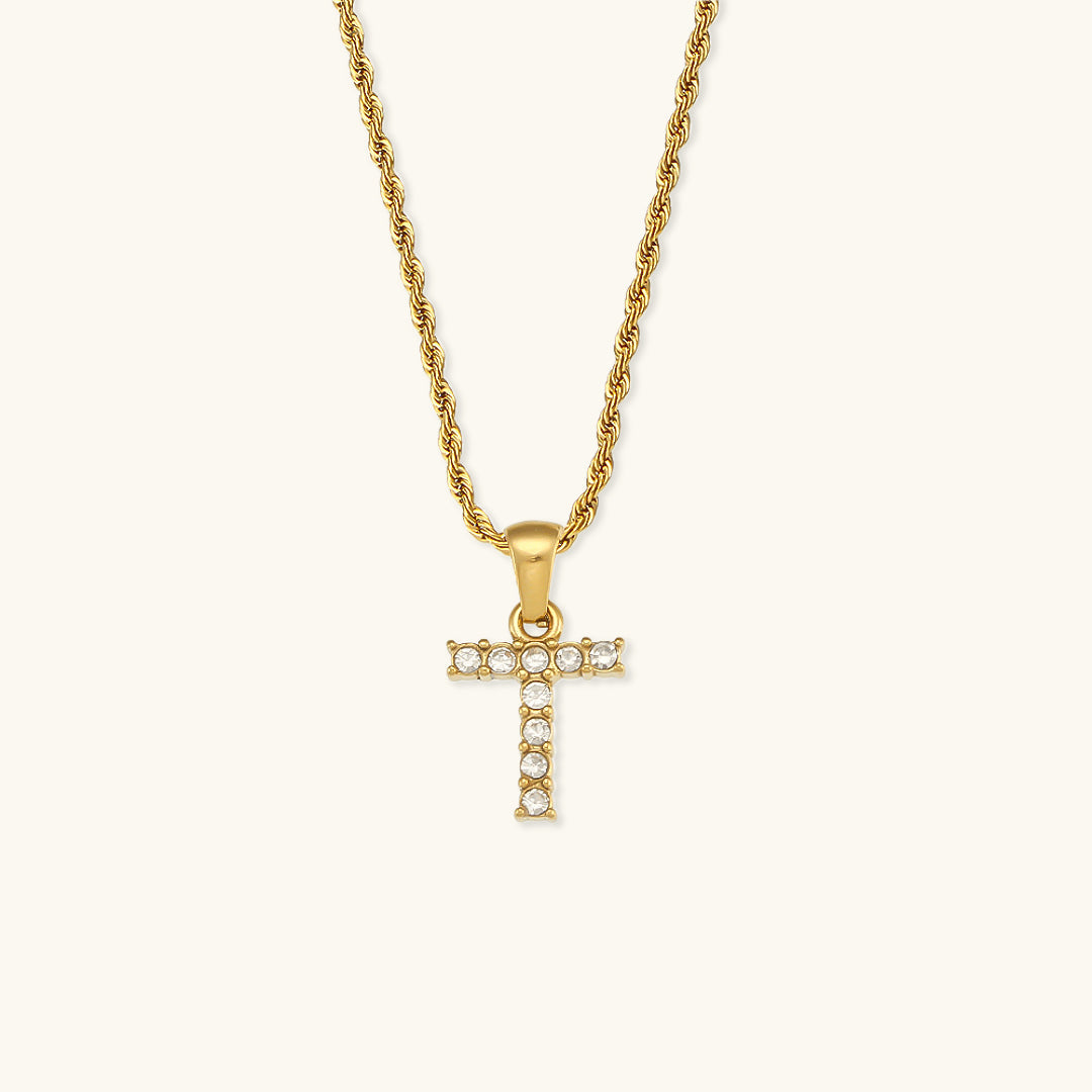 18k Gold Initial Necklace with Diamond Simulants – Waterproof and Hypoallergenic