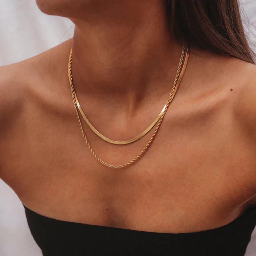 18k Gold Plated Layered Herringbone and Rope Chain Necklace for Women - Elegant Gold Necklace