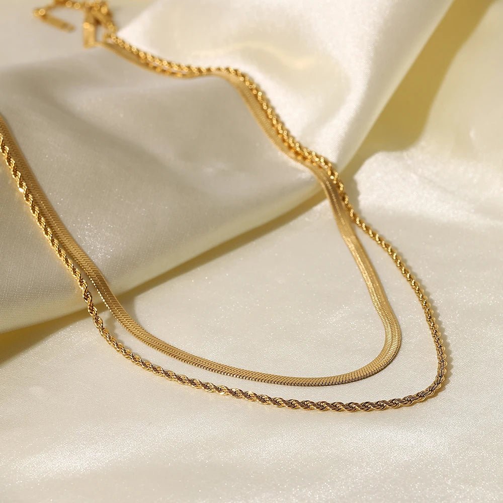 18k Gold Plated Layered Herringbone and Rope Chain Necklace for Women - Elegant Gold Necklace