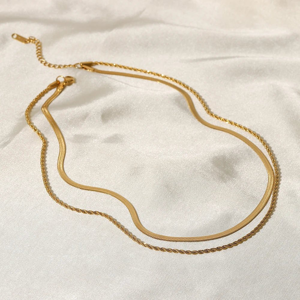 18k Gold Plated Layered Herringbone and Rope Chain Necklace for Women - Elegant Gold Necklace