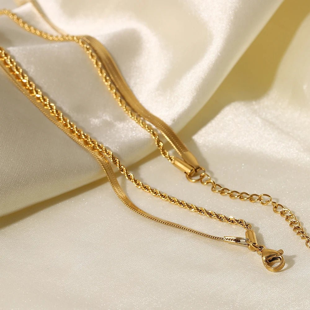 18k Gold Plated Layered Herringbone and Rope Chain Necklace for Women - Elegant Gold Necklace