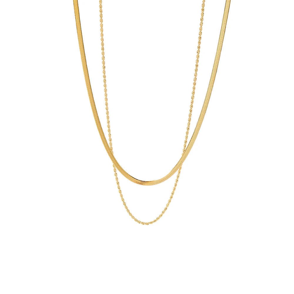 18k Gold Plated Layered Herringbone and Rope Chain Necklace for Women - Elegant Gold Necklace