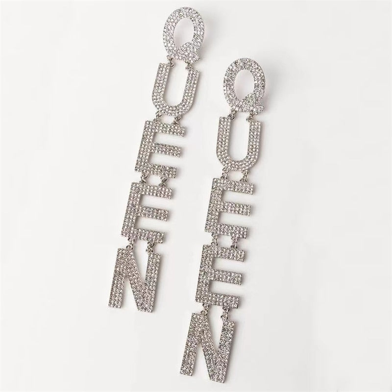 Exaggerated Queen Rhinestone Earrings for Women Fashion Long Letters Pendant Earring Fashion Shiny Party Costume Jewelry