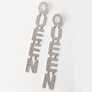 Exaggerated Queen Rhinestone Earrings for Women Fashion Long Letters Pendant Earring Fashion Shiny Party Costume Jewelry