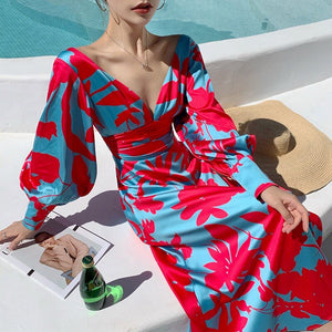 Women Vintage Red Blue Printed Maxi Dress Deep V-Neck Backless Lantern Sleeve High Waist Holiday Long Dress