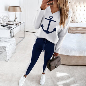 Spring New European and American Womens Boat Anchor Print Long Sleeve V Neck Fashion Casual Set