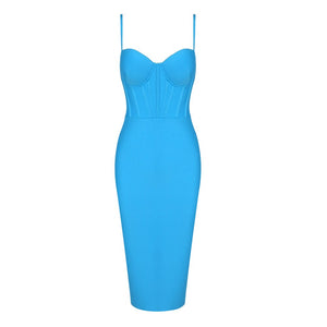 JUNE LIPS Latest Fashion Women New Arrival High Quality Blue Straps Knee Length Bandage Dress Party Evening Dress Wholesale