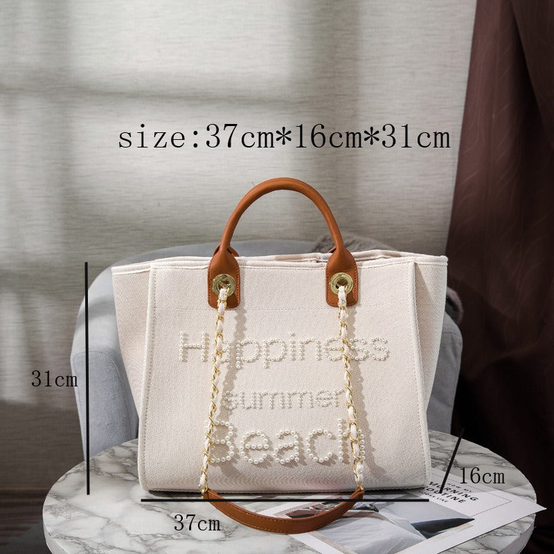 Women's Bag Small Fragrant Wind Zhen Handmade Bead Embroidery Canvas Bag Large Capacity Bag Single Shoulder White Mother Bag Large Bag