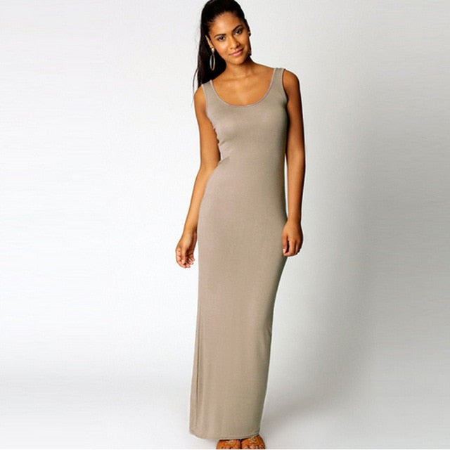 Elegant Women Sexy Dress O-Neck Sleeveless Slim Maxi Dress High Stretch Tank Robe Spring Summer Thin Long Dress Vestidos