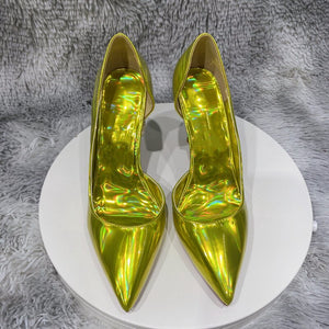 Tikicup Laser All Gold Women Sparkle Shiny Pointy Toe High Heel Shoes for Party Sexy D'Orsay Side Cut Stiletto Pumps Plus Size