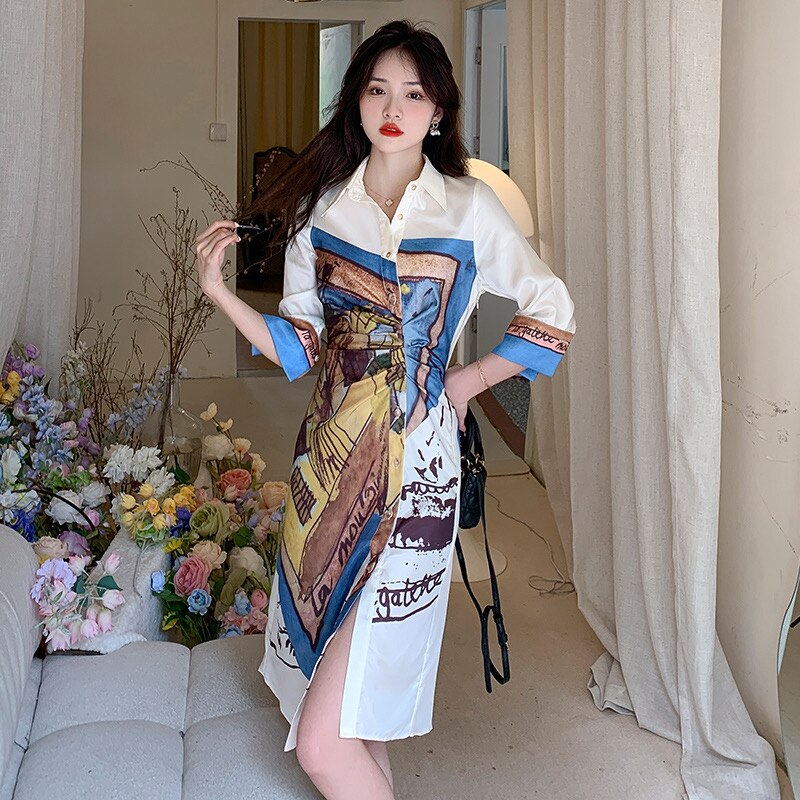 Designer Stylish Fashion Mini Shirt Dress Long Blouse Painting Printed Turn Down Collar White Elegant