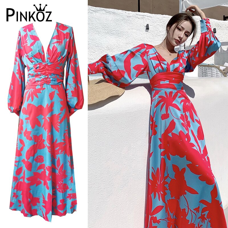 Women Vintage Red Blue Printed Maxi Dress Deep V-Neck Backless Lantern Sleeve High Waist Holiday Long Dress