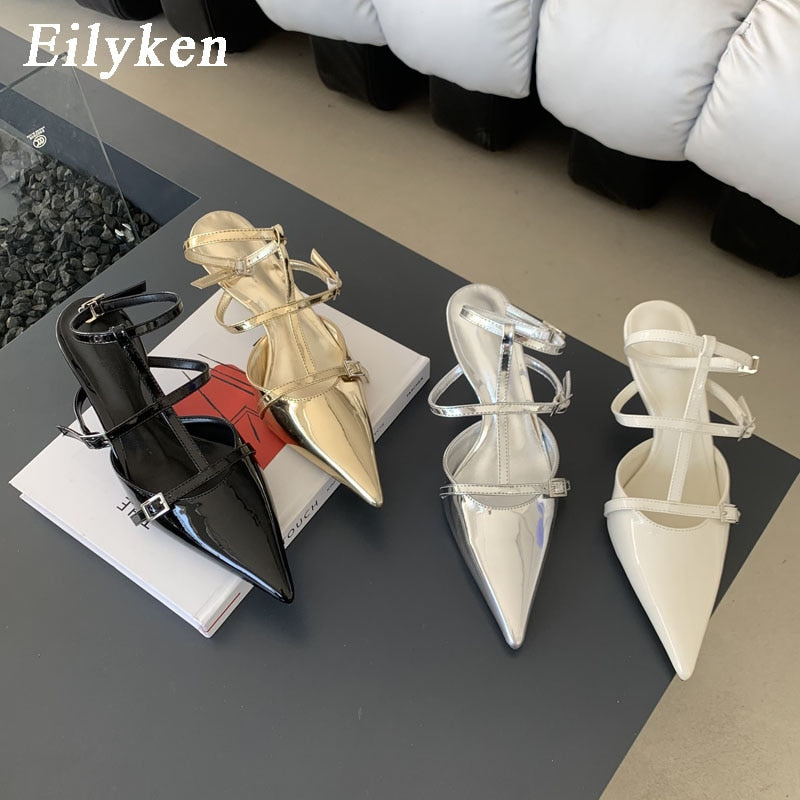 Eilyken Spring New Gold Silver Pumps Women Fashion Pointed Ladies Elegant Thin High Heel Hollow Out Dress Sandalias De Mujer