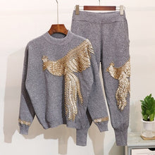 Load image into Gallery viewer, Autumn Winter Knitted Women Tracksuit Sequins Beading Phoenix Long Sleeve Loose Sweater + Casual Pants Two Piece Set D1281
