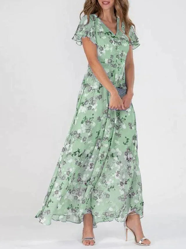 Women's Floral Print A-Line Fit V-Neck Short Flutter Sleeve Maxi Dress