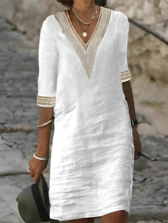 Women's Summer Dress White Linen V-Neck with Lace Detailing