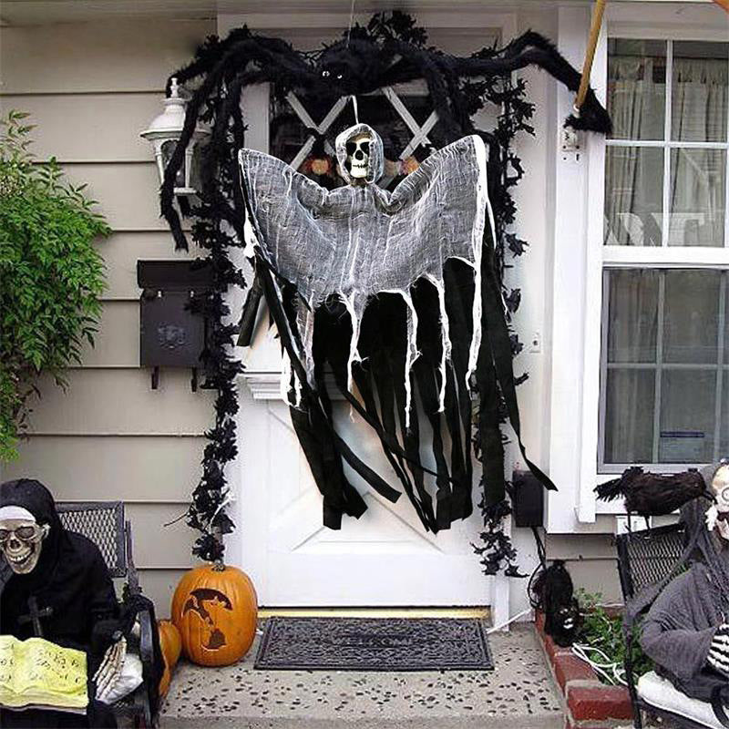 Scary Halloween Decorations Skull Gauze Door Hanging Prop Black White Plastic