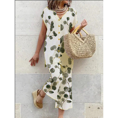 Women's Long Dress Green Rayon Blend Botanical Print