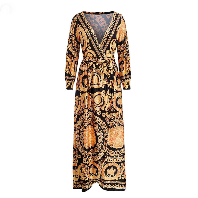 Vintage gold print maxi dress women Elegant long sleeve loose boho dress V neck split sexy party dress