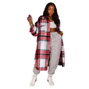 ANJAMANOR Elegant Fashion Checkered Coat Women Autumn Winter Clothing  Single Breasted Long Flannel Plaid Jacket D74-DG57