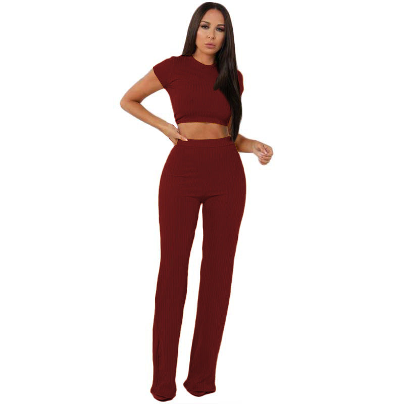 New Fashion Casual Suit Women's High Elastic Cotton Pit Strip Wide Leg Pants Two-Piece Set