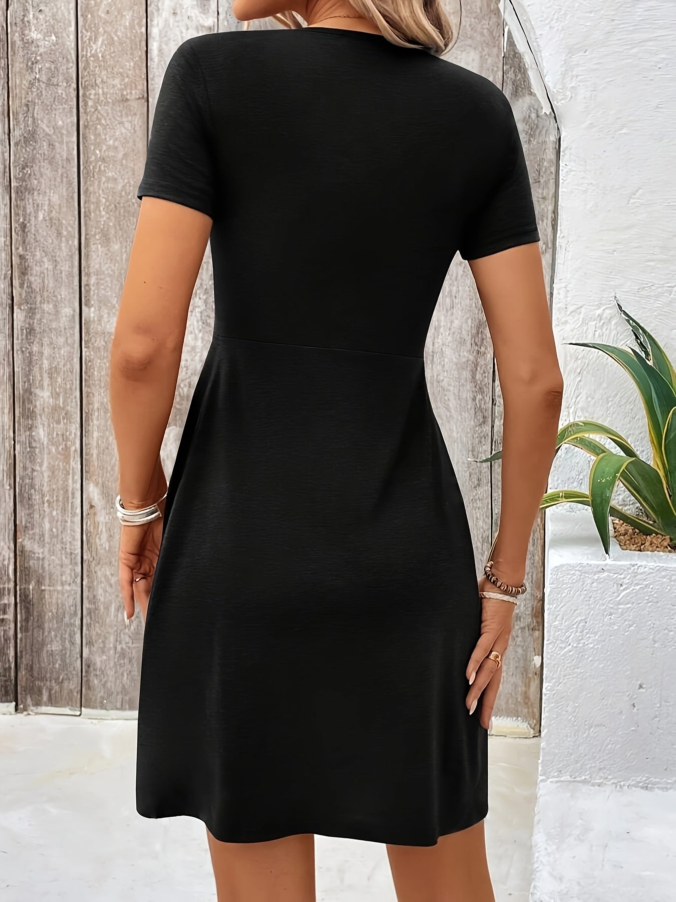 Women's A-Line Dress Black Polyester Twisted Front V-Neck
