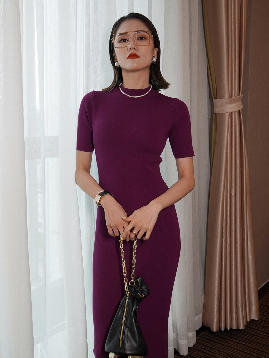 High Quality New Soft Knit Dresses Korean Half Turtleneck Short Sleeve Vestidos Femme Vintage Slim Basics Dresses