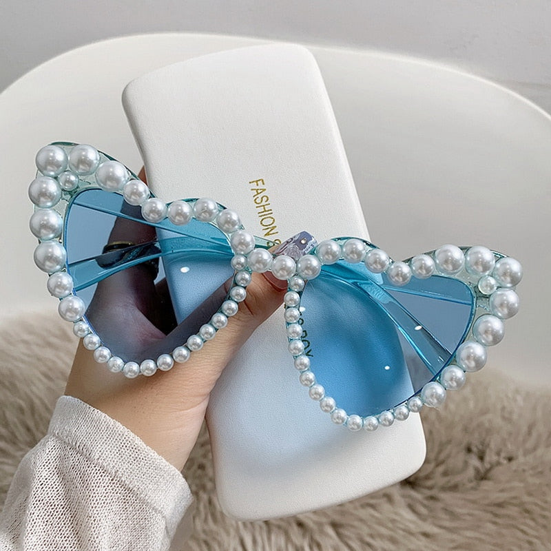 Fashion Retro Heart-Shaped Imitation Pearl Frame Sunglasses UV400 Women Cat Eye Pink Eyewear Trendy Beach Party  Sun Glasses