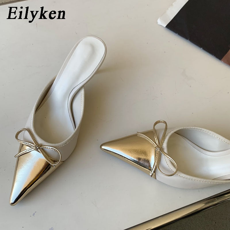 Spring New Pointed Toe Women Slipper Fashion Butterfly-knot Shallow Slip On Ladies Mules Shoes Thin High Slides