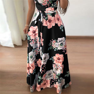 Women Summer Dress  Casual Short Sleeve Long Dress Boho Floral Print Maxi Dress Turtleneck Bandage Elegant Dresses Vestido