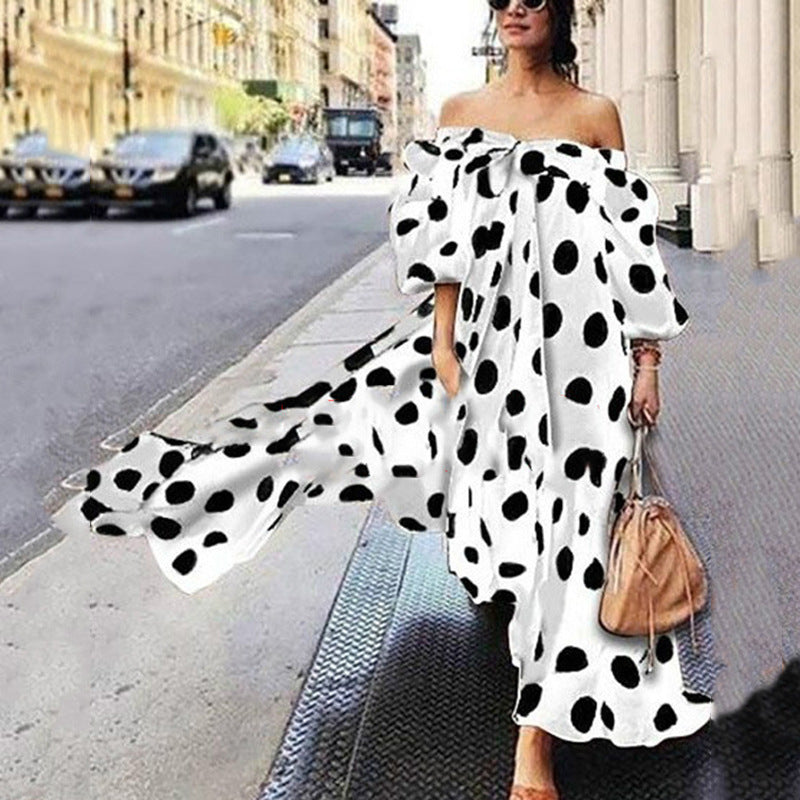 Boho Dress Off Shoulder Polka Dot Dress Women Casual Maxi Dress