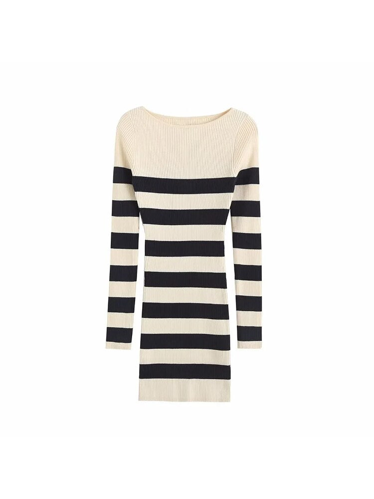 TRAF Women Knitted Dress Fashion Striped Slim Fitting Mini Dress Vintage O-Neck Long Sleeves Female elegant chic women dresses