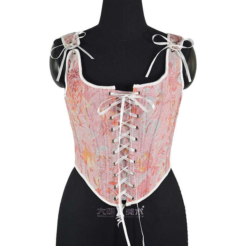 Retro new Monet oil painting style yarn dyed ink front strap fish bone outerwear women small vest corset