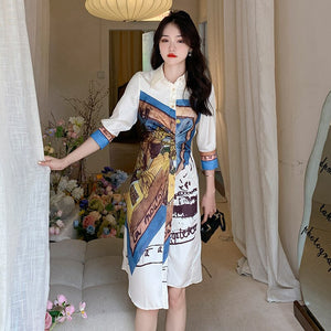 Designer Stylish Fashion Mini Shirt Dress Long Blouse Painting Printed Turn Down Collar White Elegant