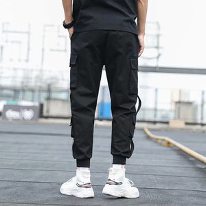 Men's Side Pockets Cargo Harem Pants Ribbons Black Hip Hop Casual Male Joggers Trousers Fashion Casual Streetwear Pants