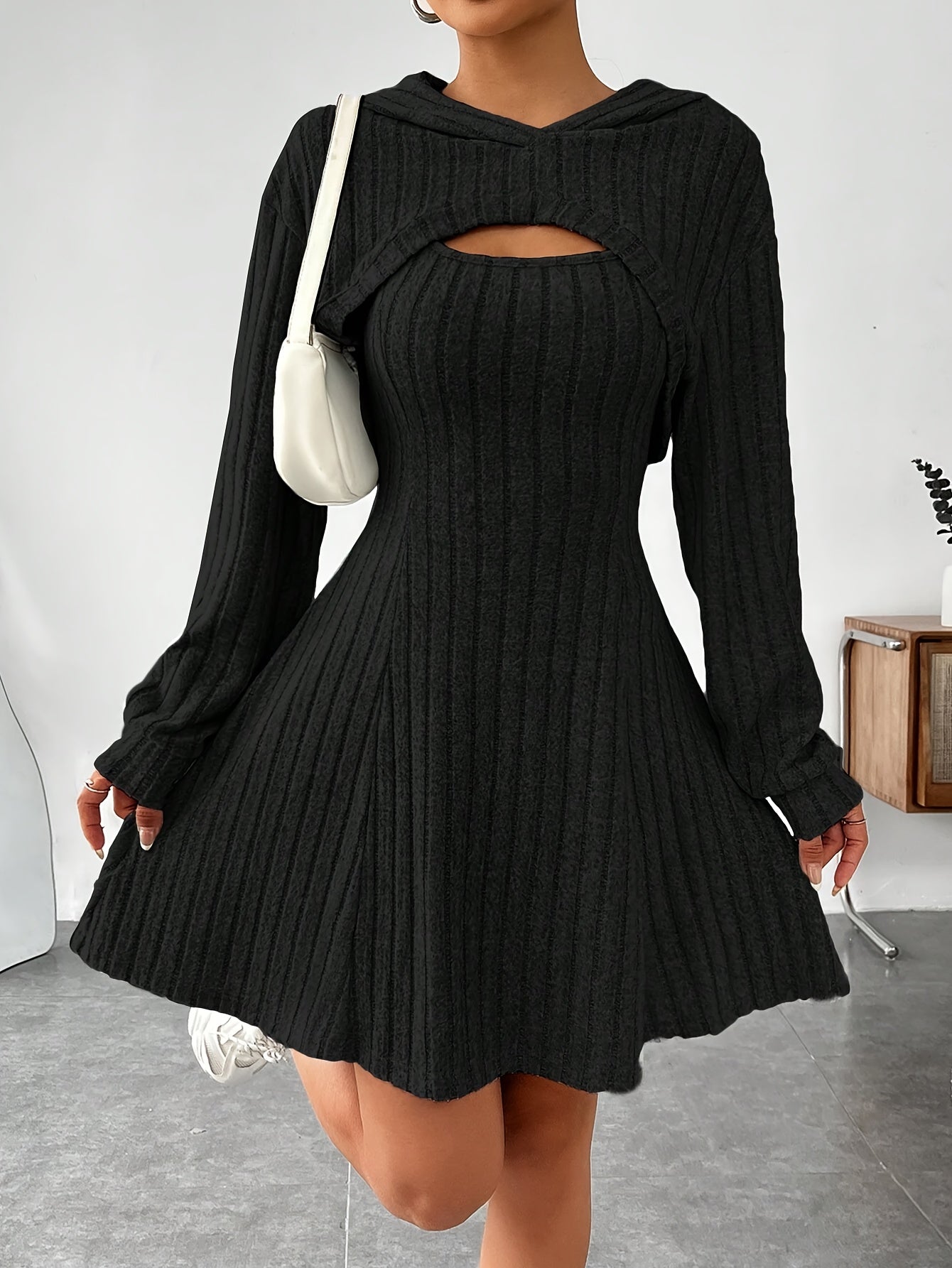 Women's Sweater Dress Black Ribbed Knit A-Line