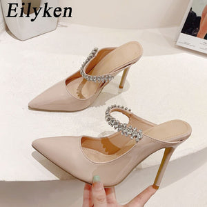 Fashion Design Crystal Pumps Women Sexy Pointed Toe High Heels Sandals Wedding Bride Prom Mules Slippers Shoes