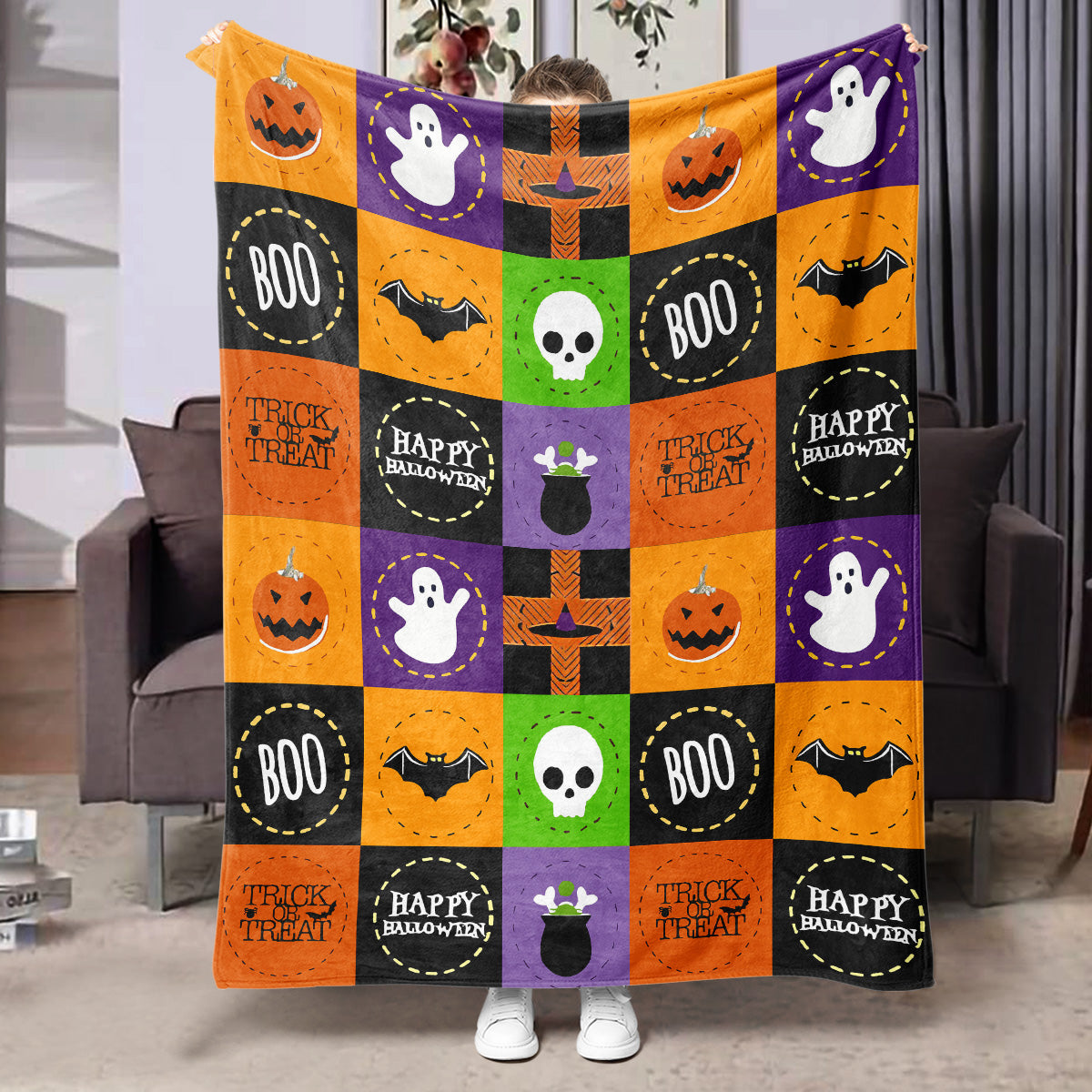 Halloween Flannel Blanket Black Geometric Polyester Multi-Size