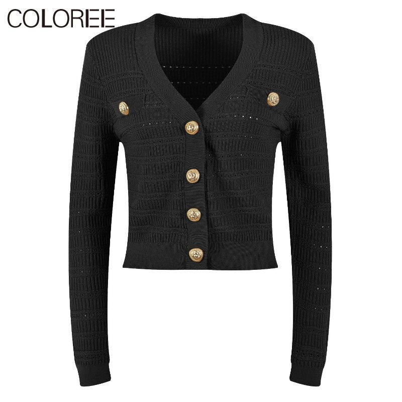 Spring New In Knitwears 2023 Luxury Designer Gold Buttons V-neck Long Sleeve Knitted Sweater Women Casual White Black Cardigans