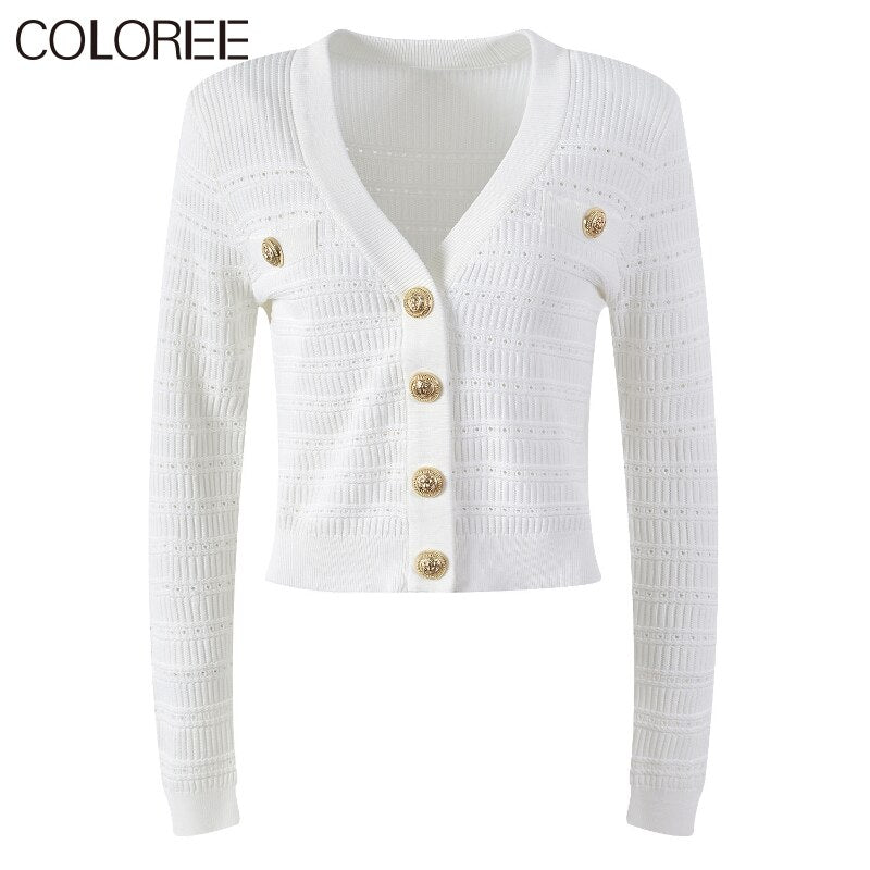 Spring New In Knitwears 2023 Luxury Designer Gold Buttons V-neck Long Sleeve Knitted Sweater Women Casual White Black Cardigans