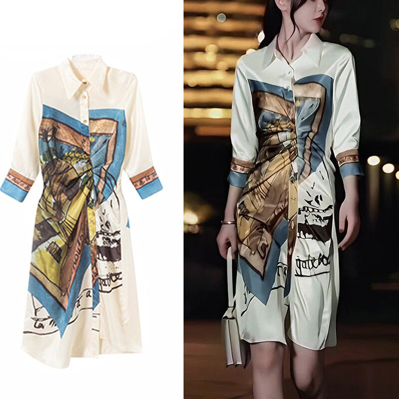 Designer Stylish Fashion Mini Shirt Dress Long Blouse Painting Printed Turn Down Collar White Elegant