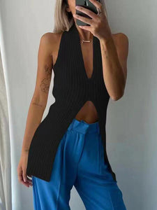 Yedinas Streetwear Knitted Sleeveless Tank Top Women V Neck Split Korean Fashion Cropped Feminino  Summer Ladies Tops Y2k