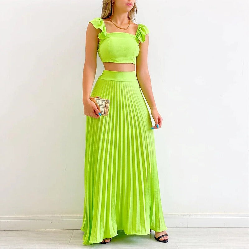 Women's Spring New Solid Color Short Tank Top High Waist Pleated Half Length Dress Fashion Casual Set