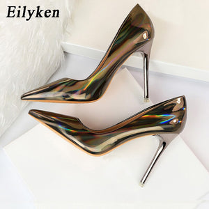 Eilyken New Women Pumps Sexy Fetish Green Red 10.5cm High Heels High Quality Patent Leather Pointed Toe Ladies Office Shoes