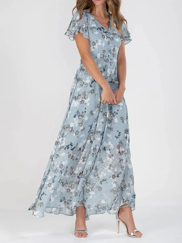 Women's Floral Print A-Line Fit V-Neck Short Flutter Sleeve Maxi Dress