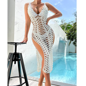 Women's beach vacation sexy hand hook woven hollowed out high slit suspender skirt bikini cover up skirt